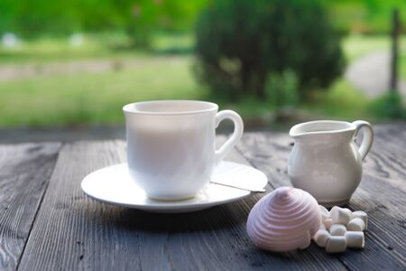 Cup of herbal tea and linden and Melissa flowers, bright wooden table, summer garden backgroundの写真素材