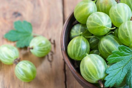 Raw gooseberries in bowl photographed overhead with natural light (Selective Focus, Focus on the gooseberries on the top)の写真素材