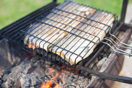 Fresh fish on grilling sticks.