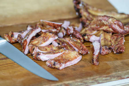 Fresh pork ribs, meat marinated and prepared for roast