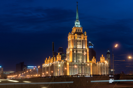 Moscow, Russia - Radisson Royal Hotel (former hotel Ukraine) from Novoarbatsky Bridge at Night. It is one of seven Stalin legendary high-rises built in the middle of 20th century in Moscow.のeditorial素材