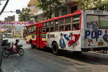 BANGKOK, THAILAND - February 14, 2019 red bus on the china town streetのeditorial素材