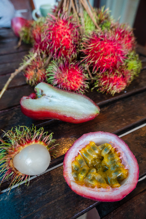 Healthy fruits  and rambutans background, Red Healthy fruits rambutans, rambutans in marketの写真素材