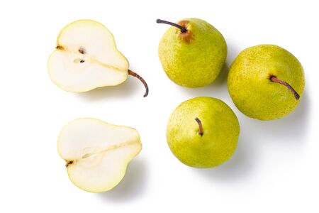 Pakham  pears - three whole, one cut in half, isolated on a white backgroundの写真素材