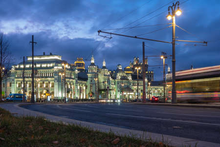 View of Temple of St. Nicholas in Tverskaya Zastava (built in the years 1914-1921) between the two office center buildings, which are located on a White Square. Dusk timeの写真素材