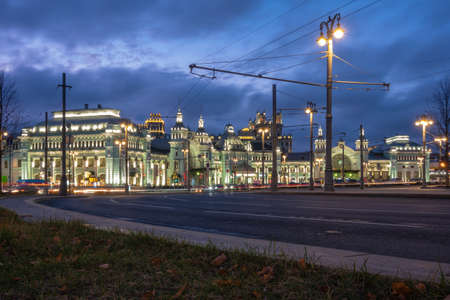View of Temple of St. Nicholas in Tverskaya Zastava (built in the years 1914-1921) between the two office center buildings, which are located on a White Square. Dusk timeの写真素材