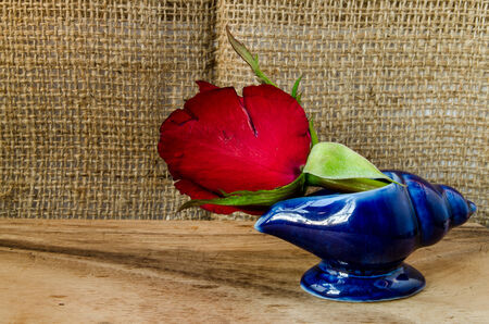 element design of red rose and pearl on wooden floor and sack texture backgroundの写真素材