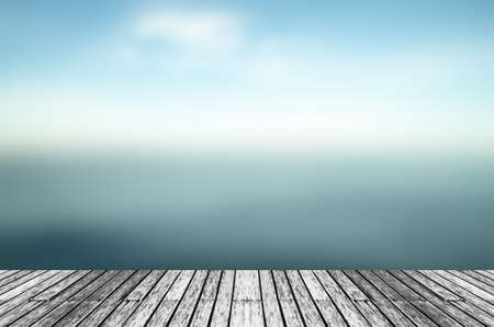 Wood, blue sea and sky backgroundの写真素材