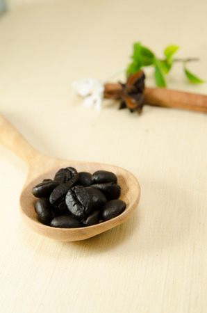 bean on wooden spoon on wood board backgroundの写真素材
