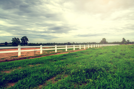 white fence in farm field and overcast skyの写真素材