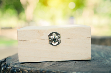 treasure chest with blurred nature backgroundの写真素材
