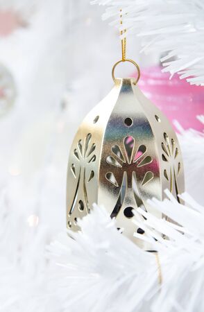 white christmas tree with ball ornament decoration on tree , copyspace for banner text or greetingの写真素材