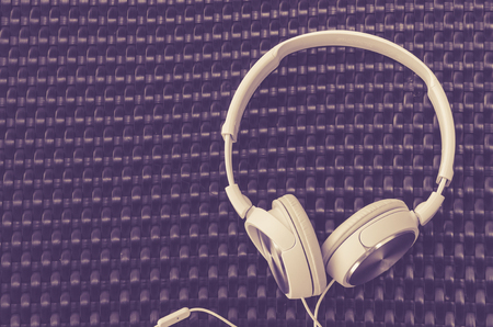 headphones  on wooden tableの写真素材