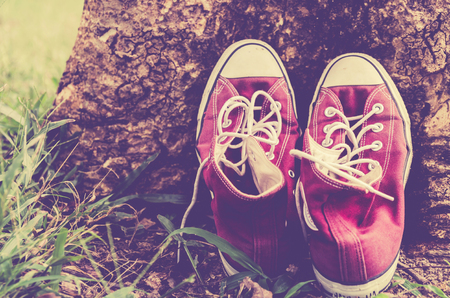vintage retro red shoes , high-tops sneakers ,travel conceptの写真素材