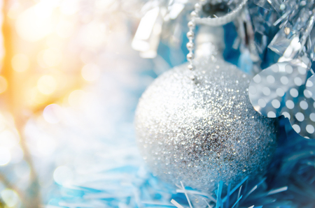 white christmas tree with ball ornament decoration on tree , copyspace for banner text or greetingの写真素材