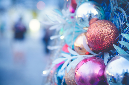 white christmas tree with ball ornament decoration on tree , copyspace for banner text or greetingの写真素材