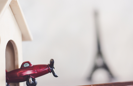 Airplan toy Travel background. Tourist essentials. Plan a journey. Space for textの写真素材