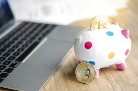 saving concept : piggy bank and bitcoin coin virtual money. Cryptocurrency の写真素材