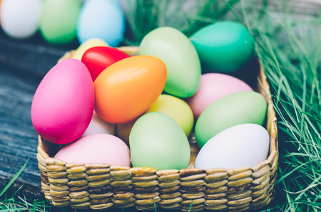 Easter eggs cute bunny. Funny happy in easter day on wood background 