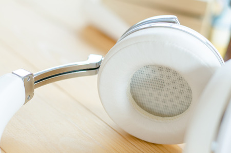 headphones  on wooden tableの写真素材
