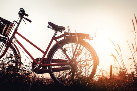 beautiful landscape image with Bicycle at sunset on glass field meadow ; summer or spring season backgroundの写真素材