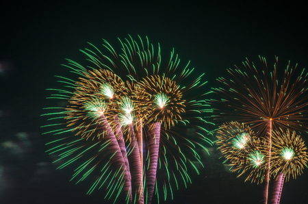 colorful fireworks on the black sky background over-waterの写真素材