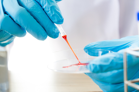 Vacutainer or test tube in lab on tableの写真素材