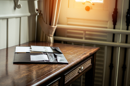 vintage table and some paper from on topの写真素材