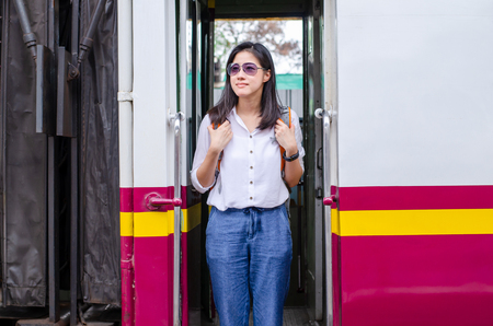 young women in train stationの写真素材