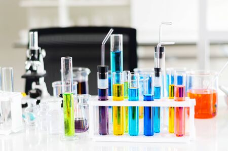 three erlenmeyer flask , Glassware on  science laboratory research and developmentの写真素材