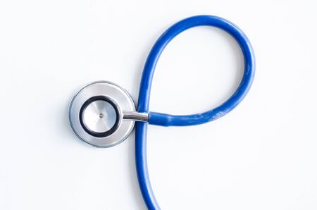 Top view blue stethoscope background. health background