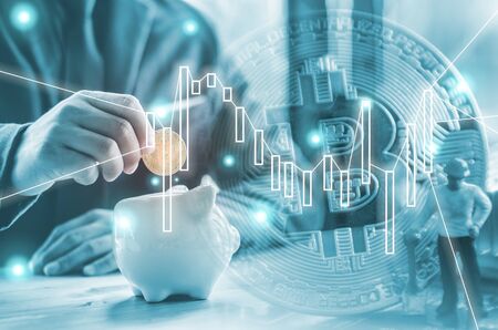 Gold bitcoin money is power no matter . A coin in business man . Cryptocurrency digital currency concept. BlockChain and Saving Conceptの写真素材