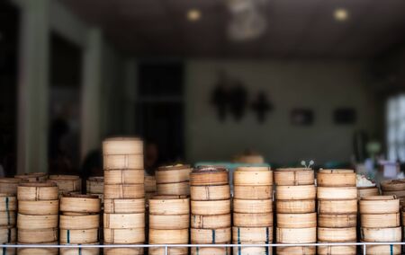 yumcha, dim sum in bamboo steamer, chinese cuisineの写真素材