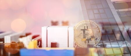 golden coin symbol bitcoin on mother board  Blockchain , cryptocurrencies , bitcoin and distributed ledger technology concept.の写真素材