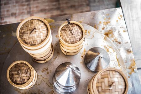 yumcha, dim sum in bamboo steamer, chinese cuisineの写真素材