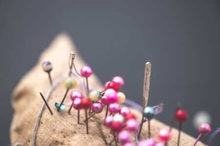 Sewing pins on Pillow pin vintage filtterの写真素材