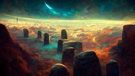 amazing futuristic landscape with a stone tower and space background