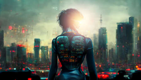 Cyberpunk concept. A courageous cyberpunk girl with metrocity backgroundの写真素材