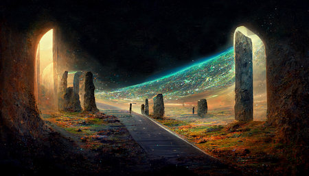 amazing futuristic landscape with a stone tower and space backgroundの写真素材