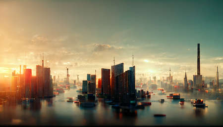 futuristic city with tower on reflex groundの写真素材