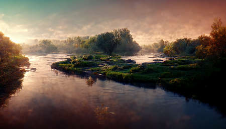 AI generate , photo Of river view with a sunset timeの写真素材