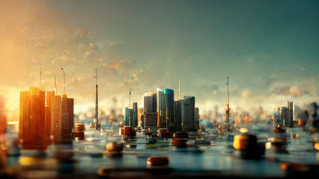 futuristic city with tower on reflex groundの写真素材
