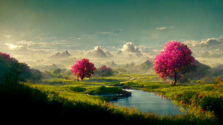painted of landscape view of mountain view  Illustation ,AI generateの写真素材