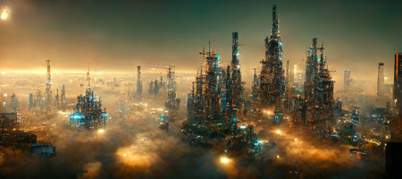 design of sunset in city with a steampunk theme   concept of future of steampunk , factory city abstract illustation designの写真素材