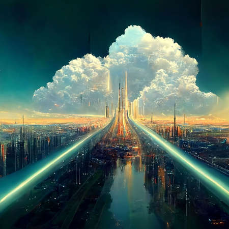 design of futuristic sky city  , abstract tower architecture , illustation design , internet connect...