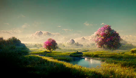 painted of landscape view of mountain view  Illustation ,AI generateの写真素材