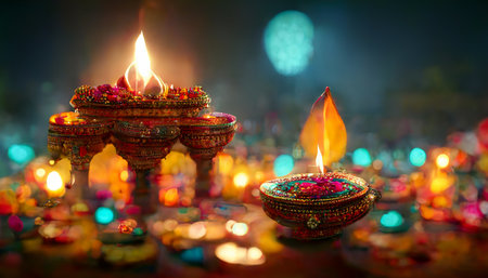 illustation of Diwali festival of lights tradition Diya oil lamps against dark backgroundの写真素材