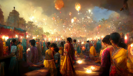 illustation of Diwali festival of lights tradition Diya oil lamps against dark backgroundの写真素材