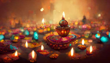illustation of Diwali festival of lights tradition Diya oil lamps against dark backgroundの写真素材