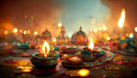 illustation of Diwali festival of lights tradition Diya oil lamps against dark backgroundの写真素材
